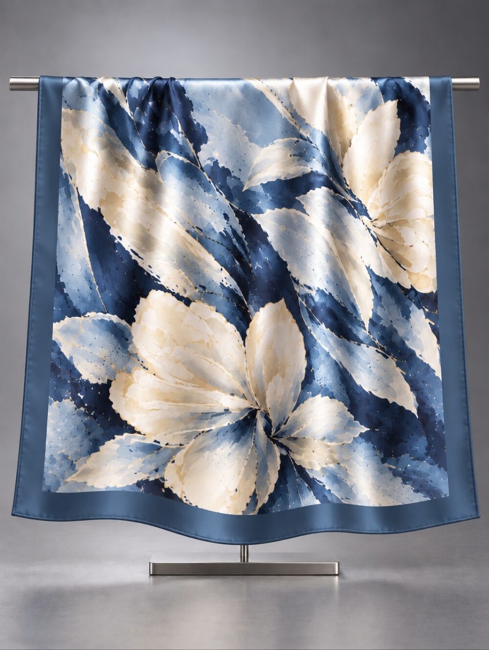 Luxury 100% Silk Blue Cream & Gold Floral Print Square Scarf
